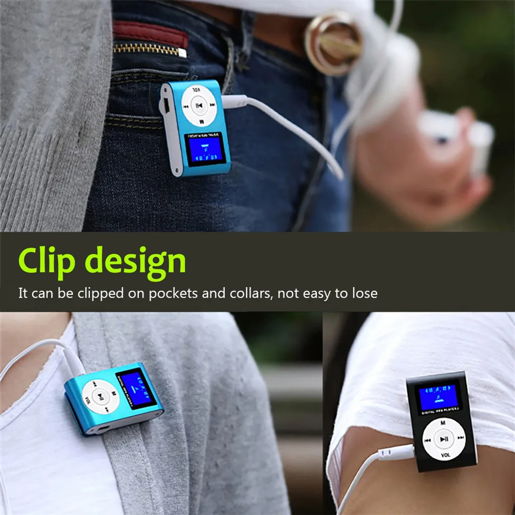 Ein kleiner blauer MP3-Player mit Kopfhörern ist an einer Jeans befestigt.