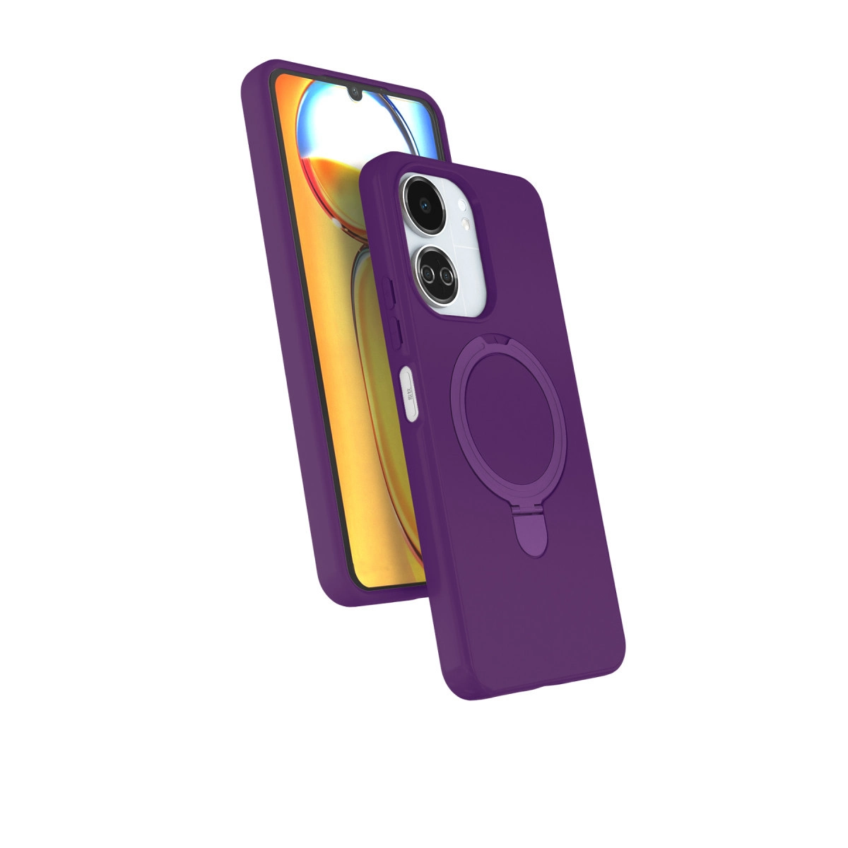 Halka tutuculu ve iki arka kamera lensli mor telefon kılıfı.