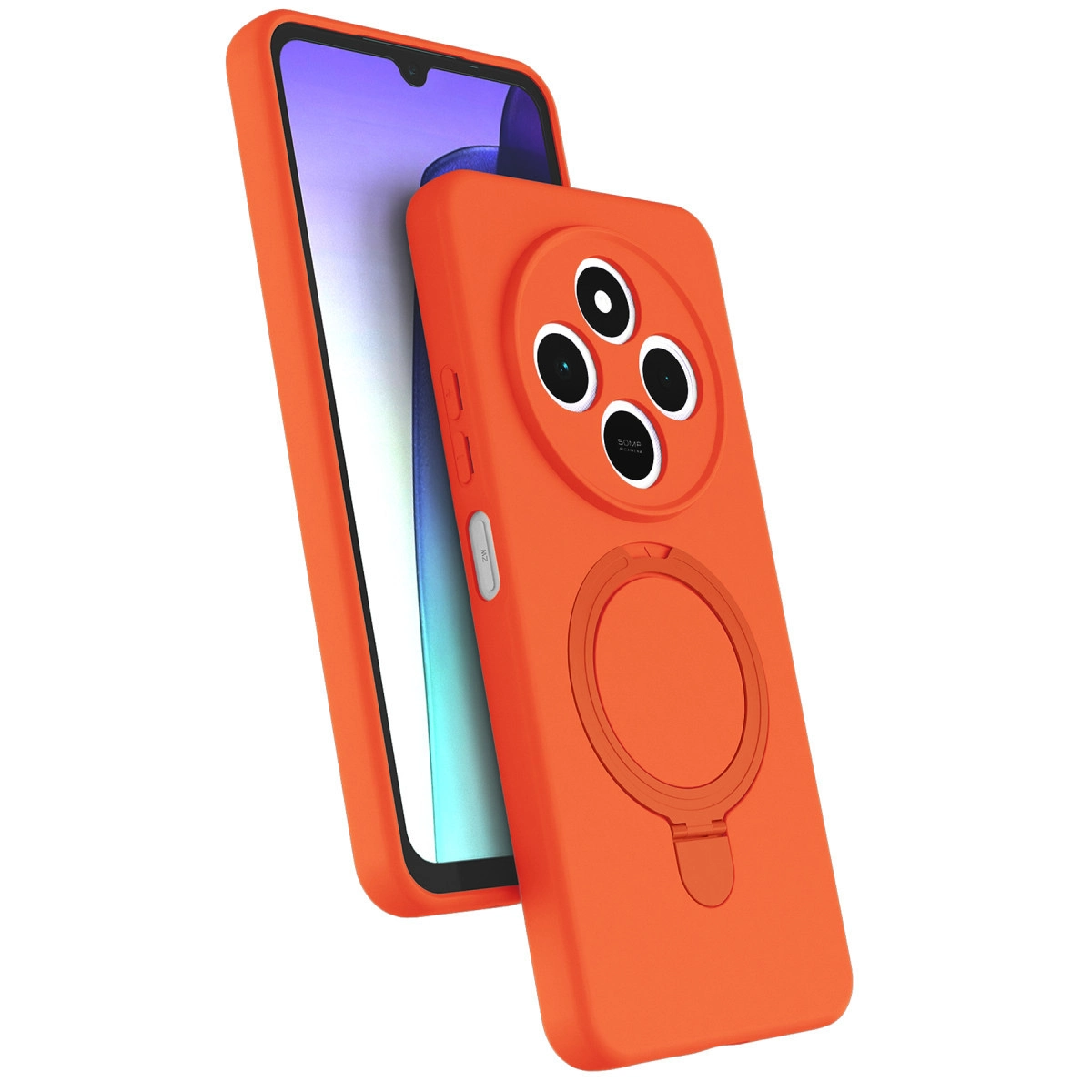 Turuncu telefon kılıfı, kamera lensleri ve halka tutucu beyaz arka plan.