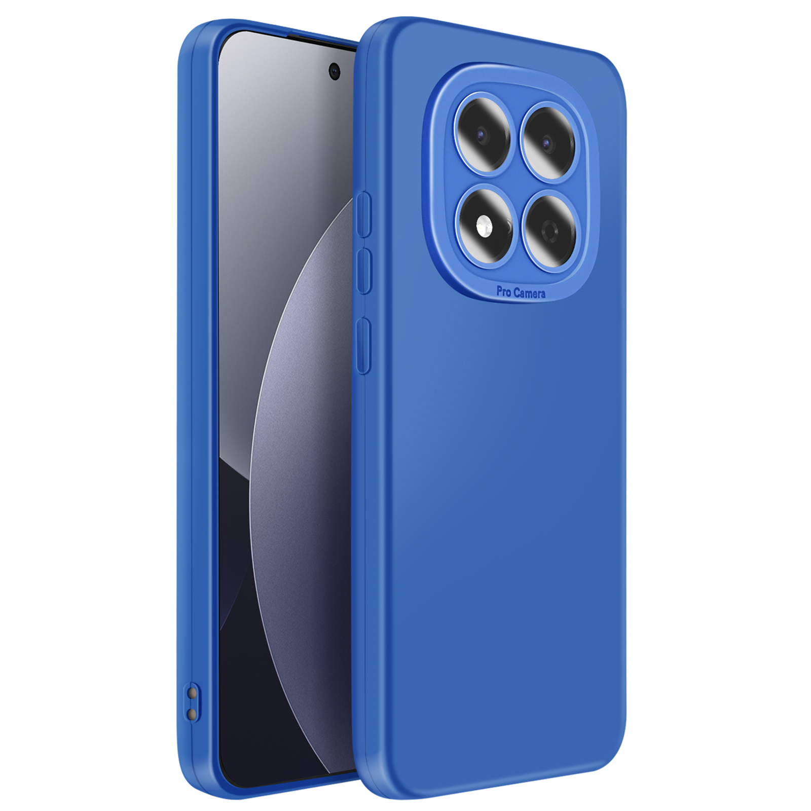 Téléphone bleu avec quadruple caméra et écran argenté, sur fond blanc.