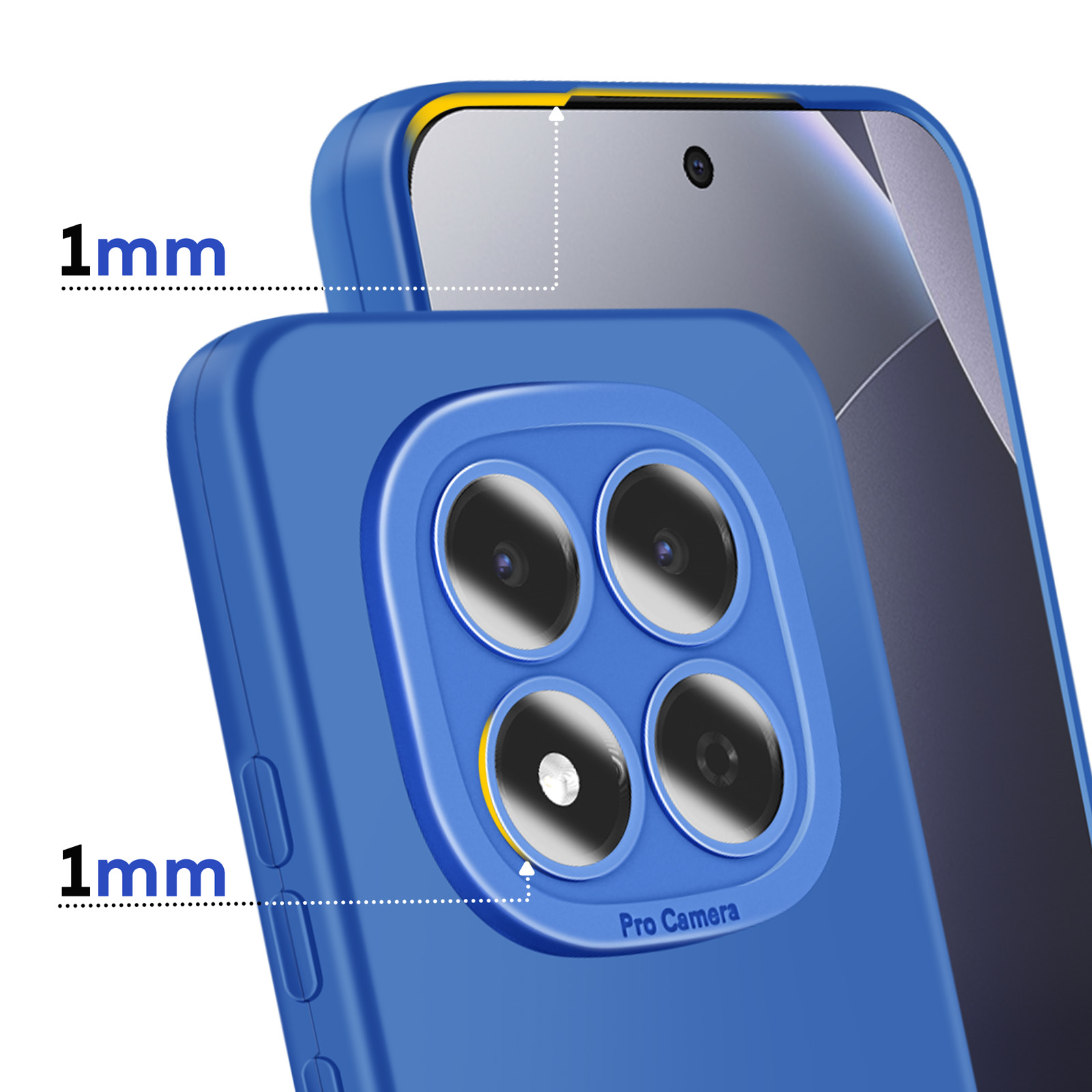 Téléphone bleu avec 4 caméras et accents jaunes, bord surélevé 1mm.