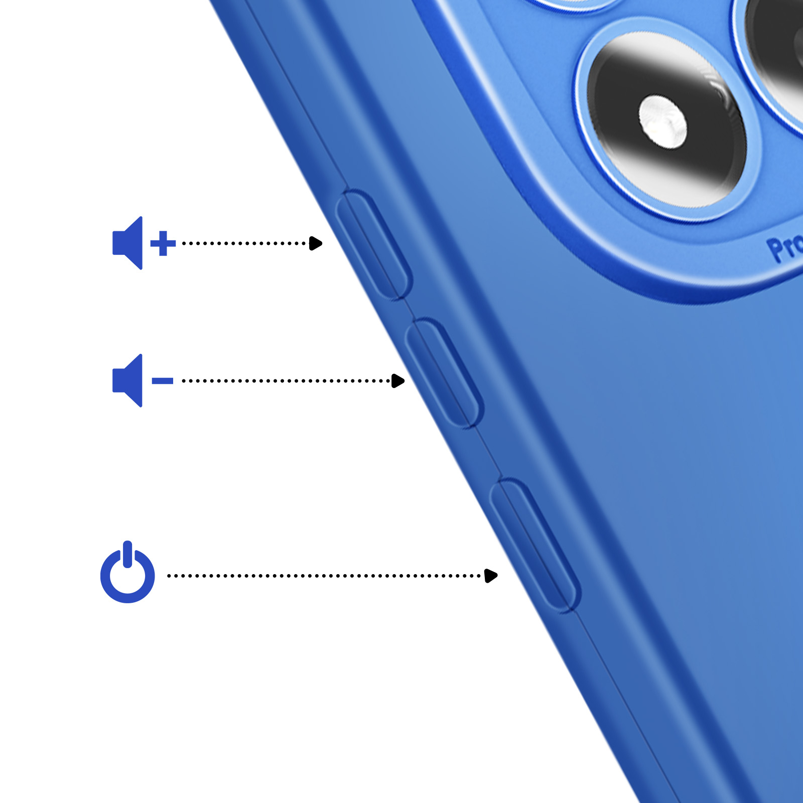 Coque de téléphone bleue avec boutons volume et marche/arrêt, caméras.