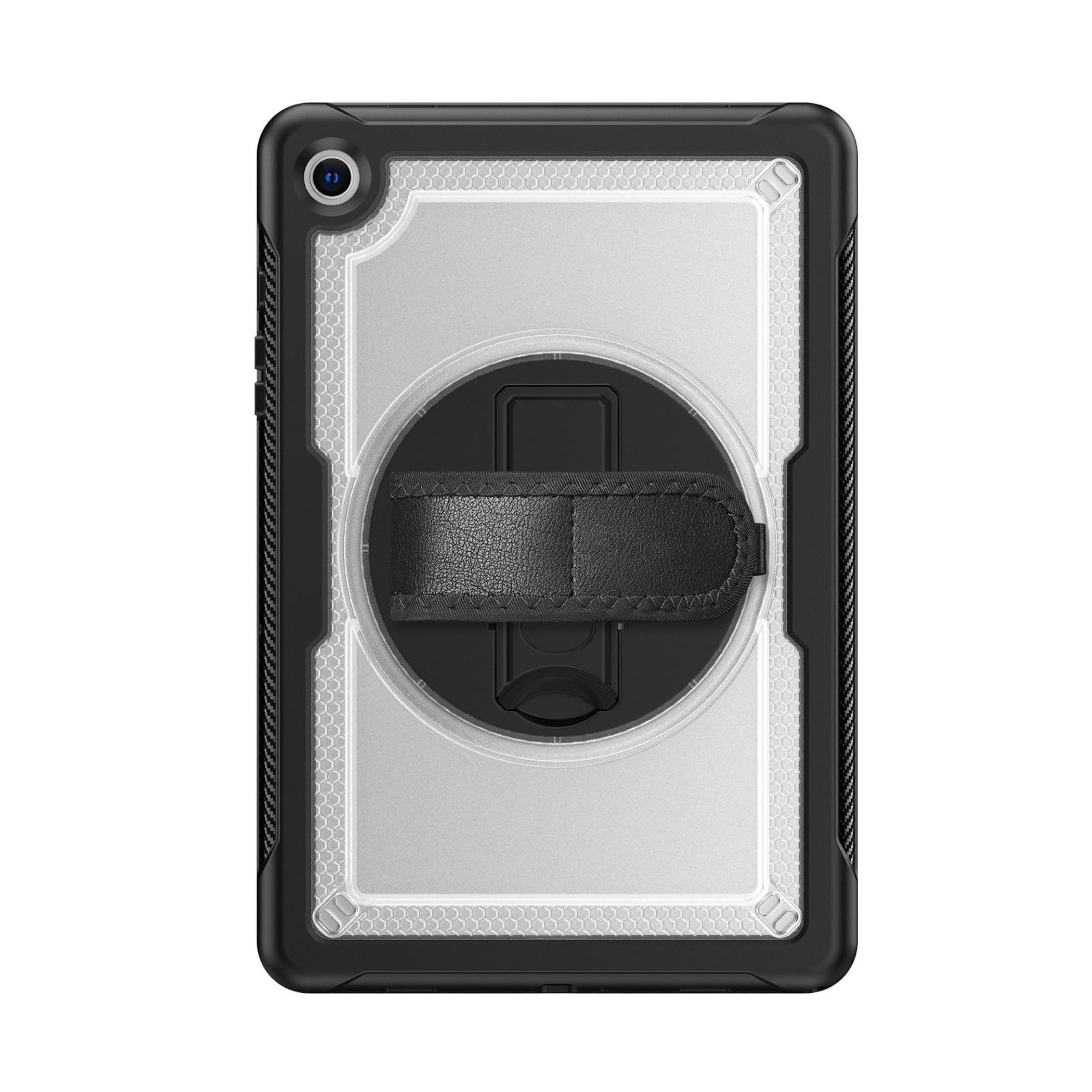 Schwarze Tablet-Hülle mit integriertem, drehbarem Ledergriff und transparentem Rückenteil.