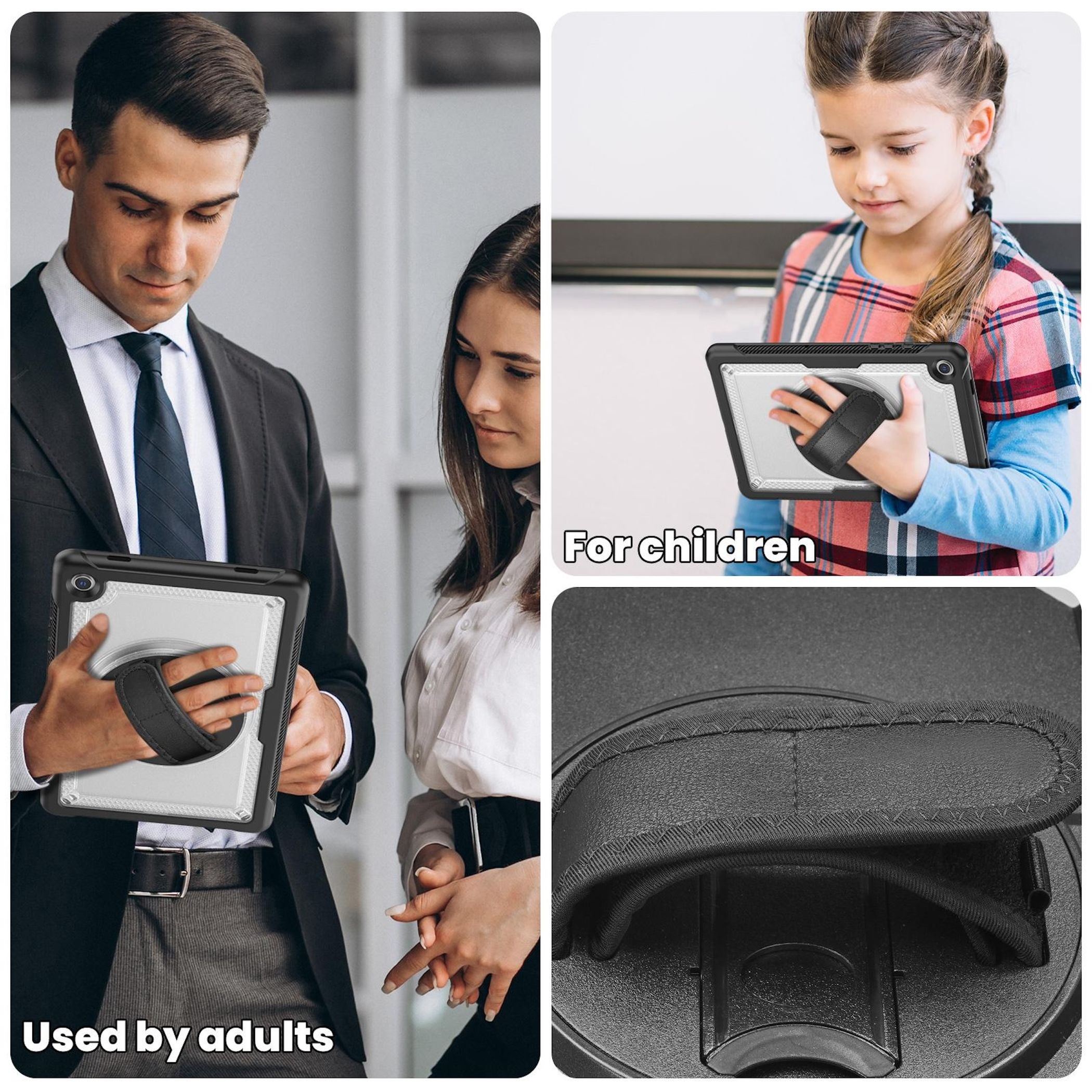 Mann und Frau halten Tablet, Kind hält Tablet, Detailansicht einer Tragehandschlaufe.