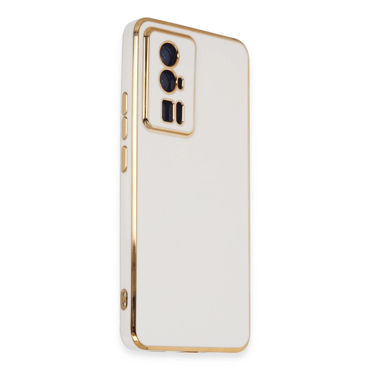 Kamera modülünde ve kenarlarında altın rengi vurgular bulunan beyaz telefon kılıfı.