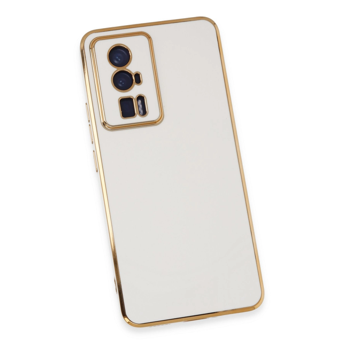 Altın süslemeli ve kamera kesimli beyaz telefon kılıfı.