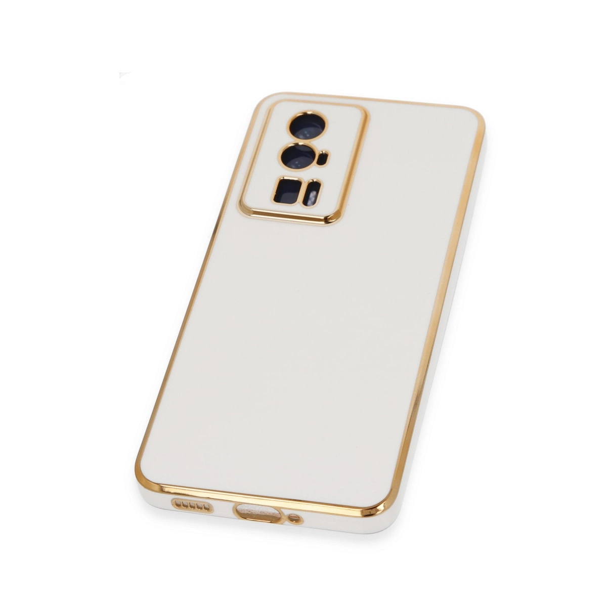 Altın çerçeveli ve kamera kesimli beyaz telefon kılıfı. Beyaz üzerinde izole edilmiş.