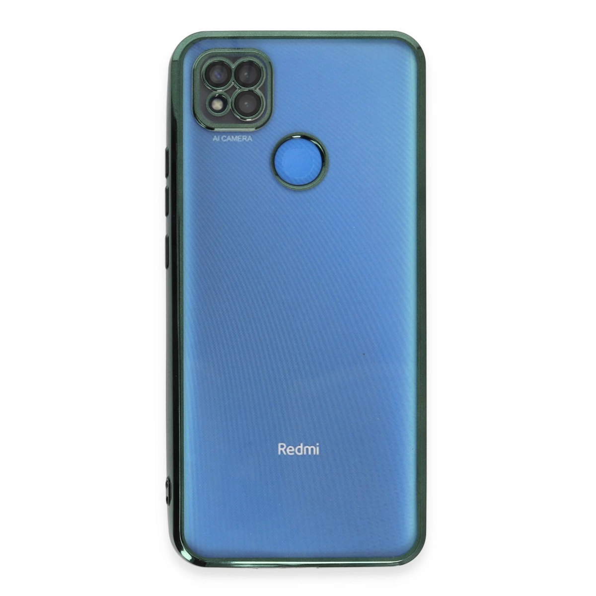 Arka kamera dizisi ve parmak izi sensörlü mavi telefon kılıfı. Redmi logosu.