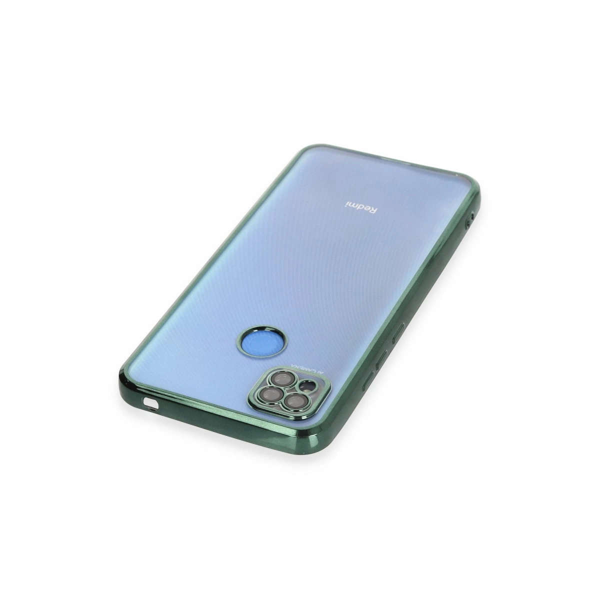 Beyaz arka plan üzerinde yeşil kenarlı şeffaf telefon kılıfı.