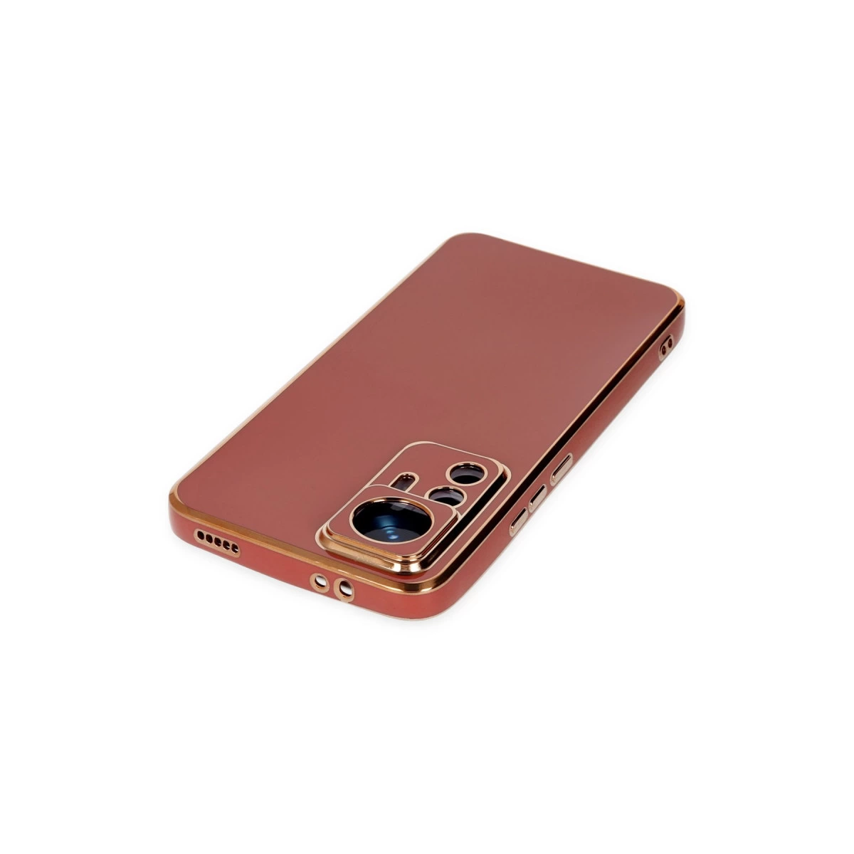 Kamera modülü ve hoparlör delikleri olan gül altın rengi telefon kılıfı.