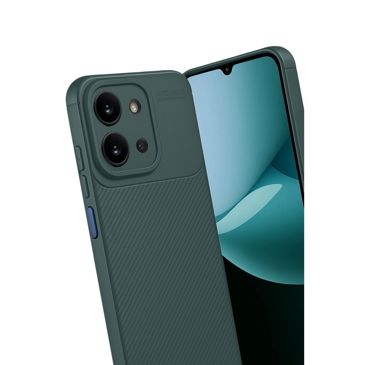 Kamera modülü ve ekranın bir kısmı olan koyu yeşil telefon kılıfı.