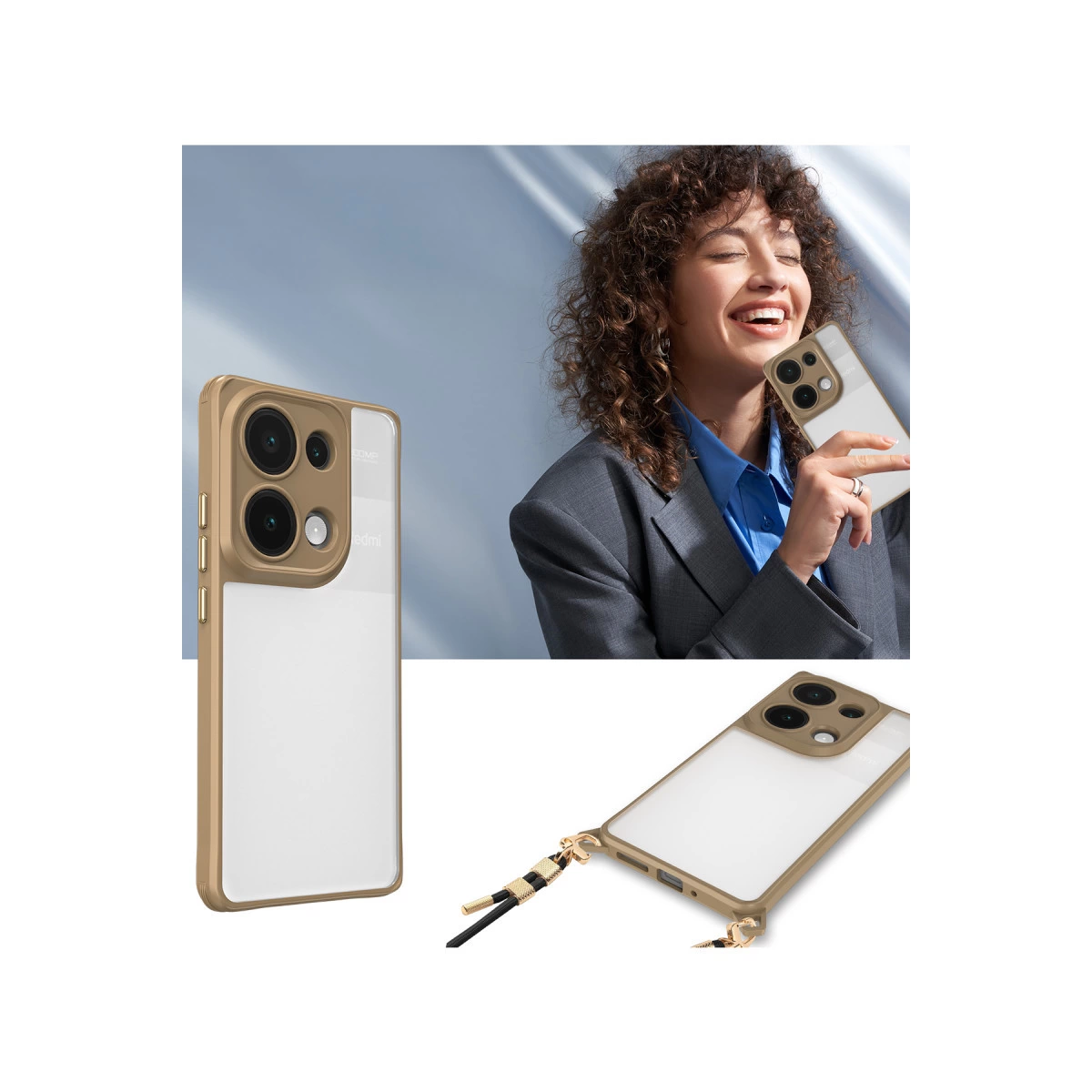Kıvırcık saçlı kadın, kamera çıkıntılı altın ve beyaz telefon kılıfı tutuyor.