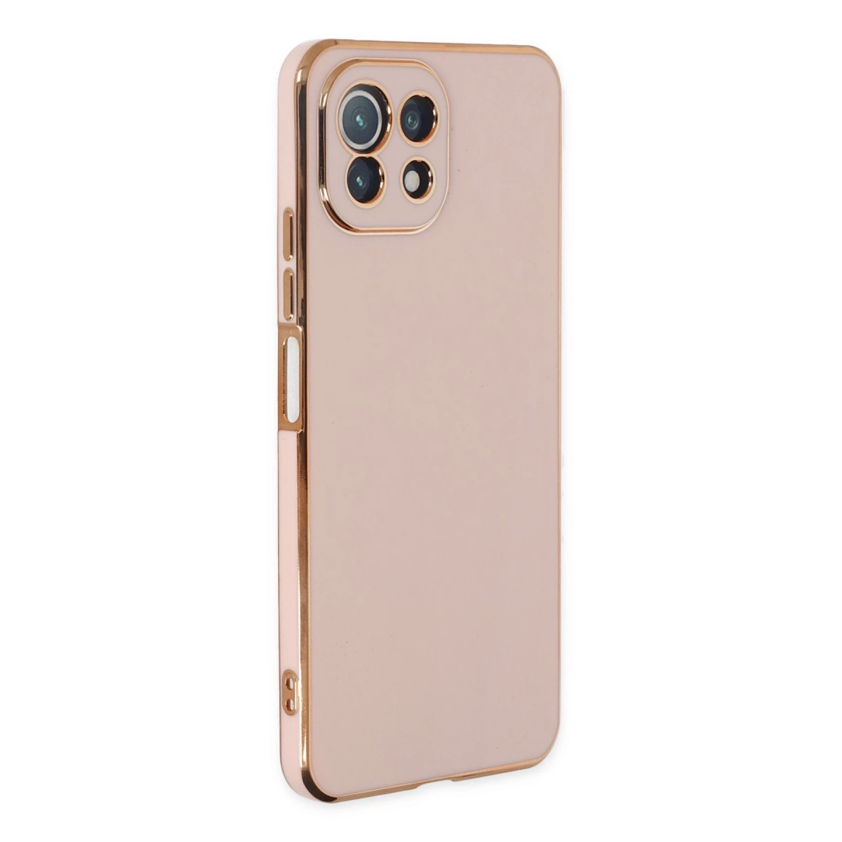 Dört kamera lensli, altın çerçeveli, gül altın rengi telefon kılıfı.