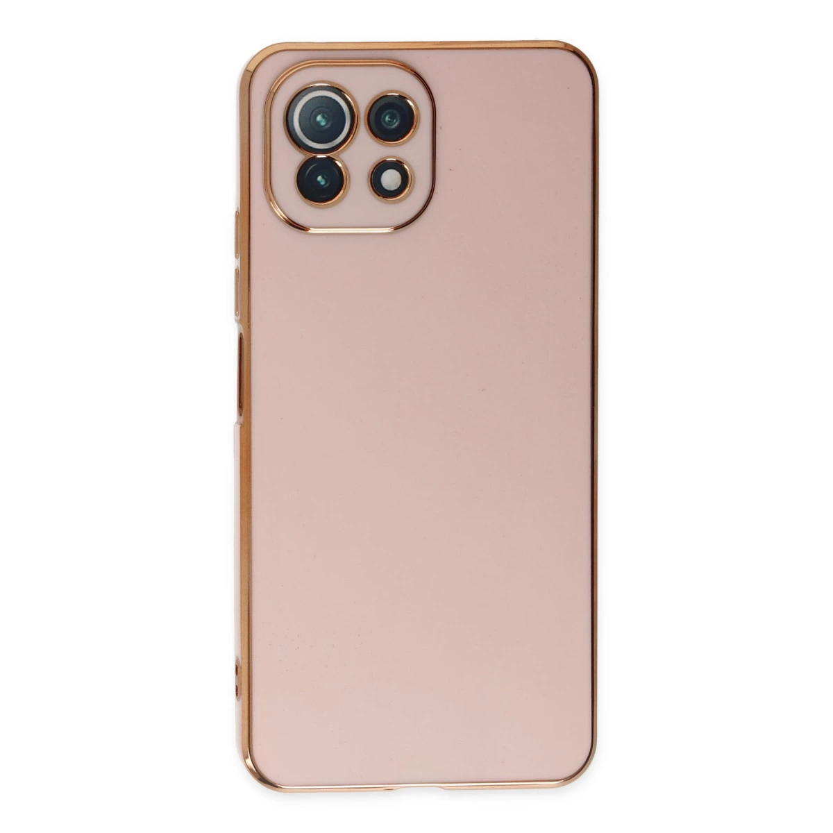 Dört kamera lensli ve altın rengi kenarlıklı pembe telefon kılıfı.