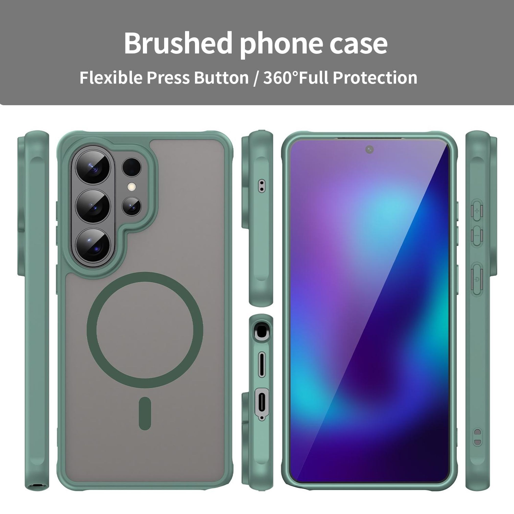Funda verde para teléfono con recorte de cámara y anillo MagSafe.