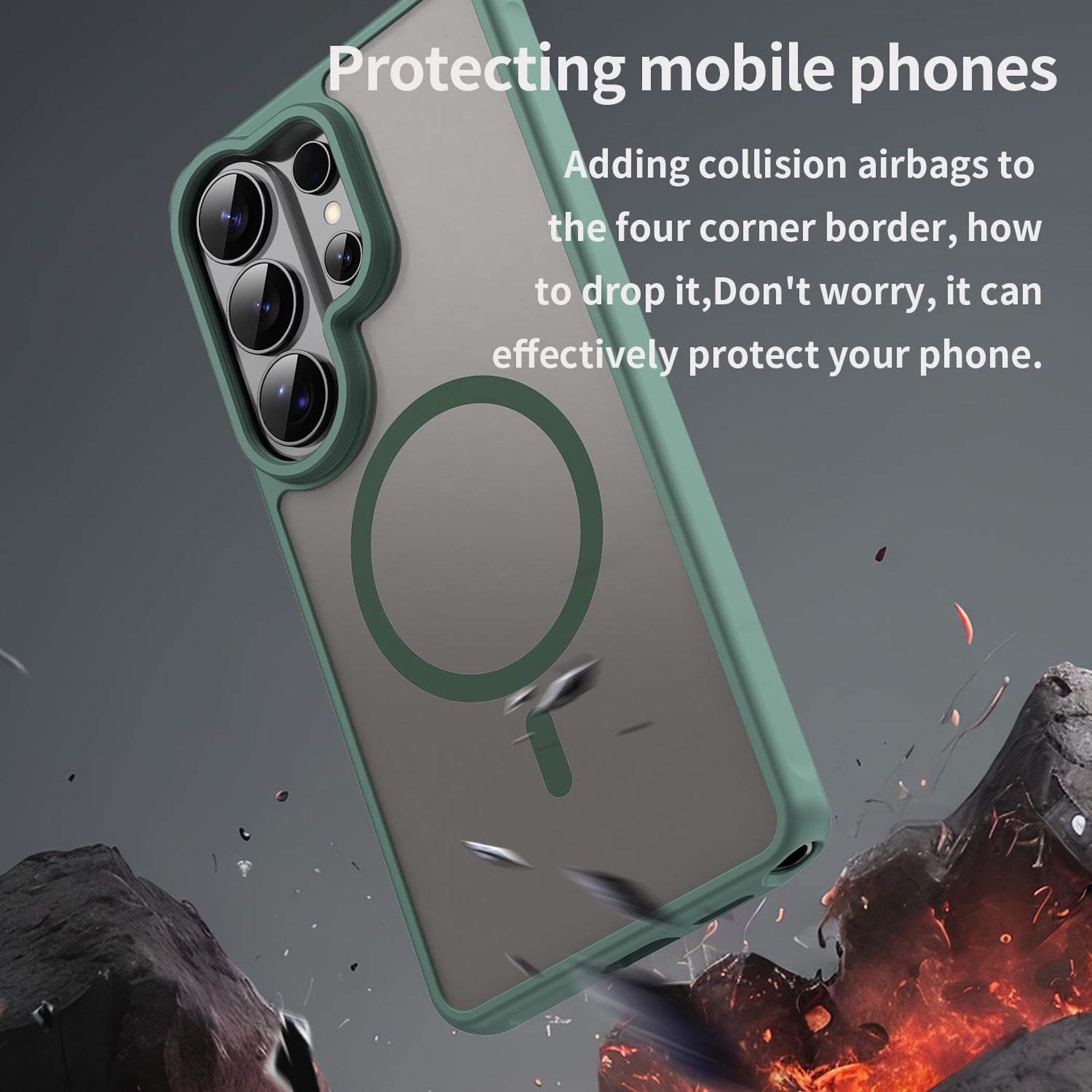 Funda verde para teléfono con protección de cámara cayendo sobre rocas en llamas.