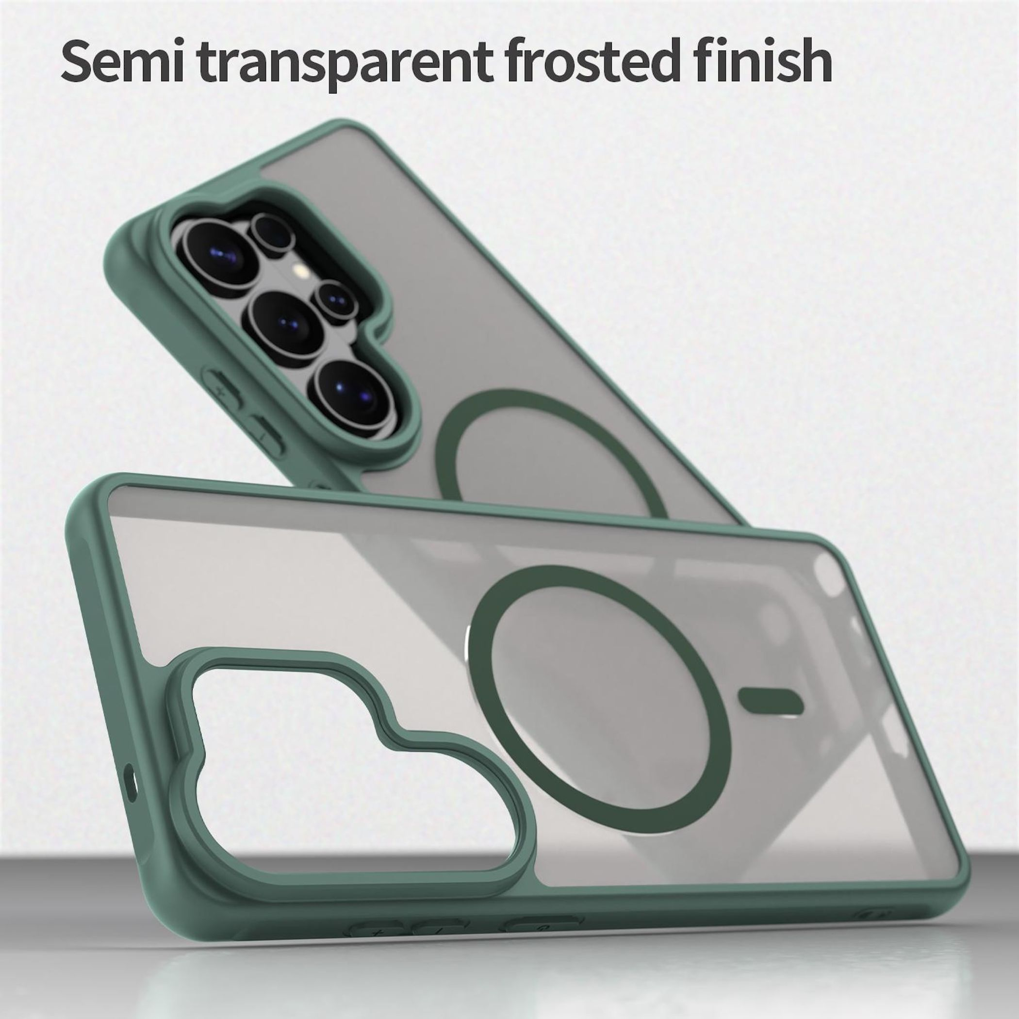 Una funda de teléfono verde con acabado translúcido y mate y recorte para cámara.