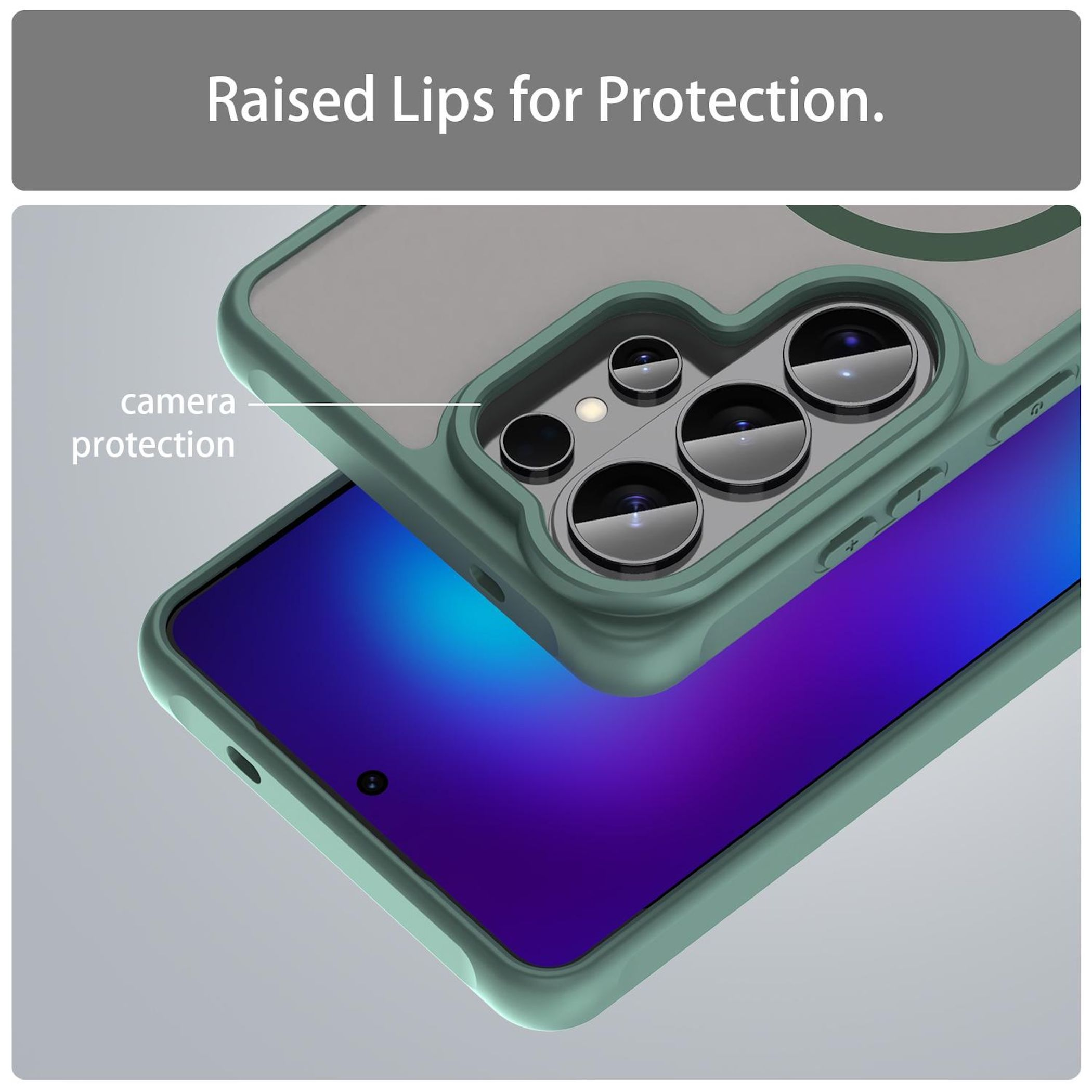 Funda verde para teléfono con recorte de cámara en un smartphone con pantalla azul.