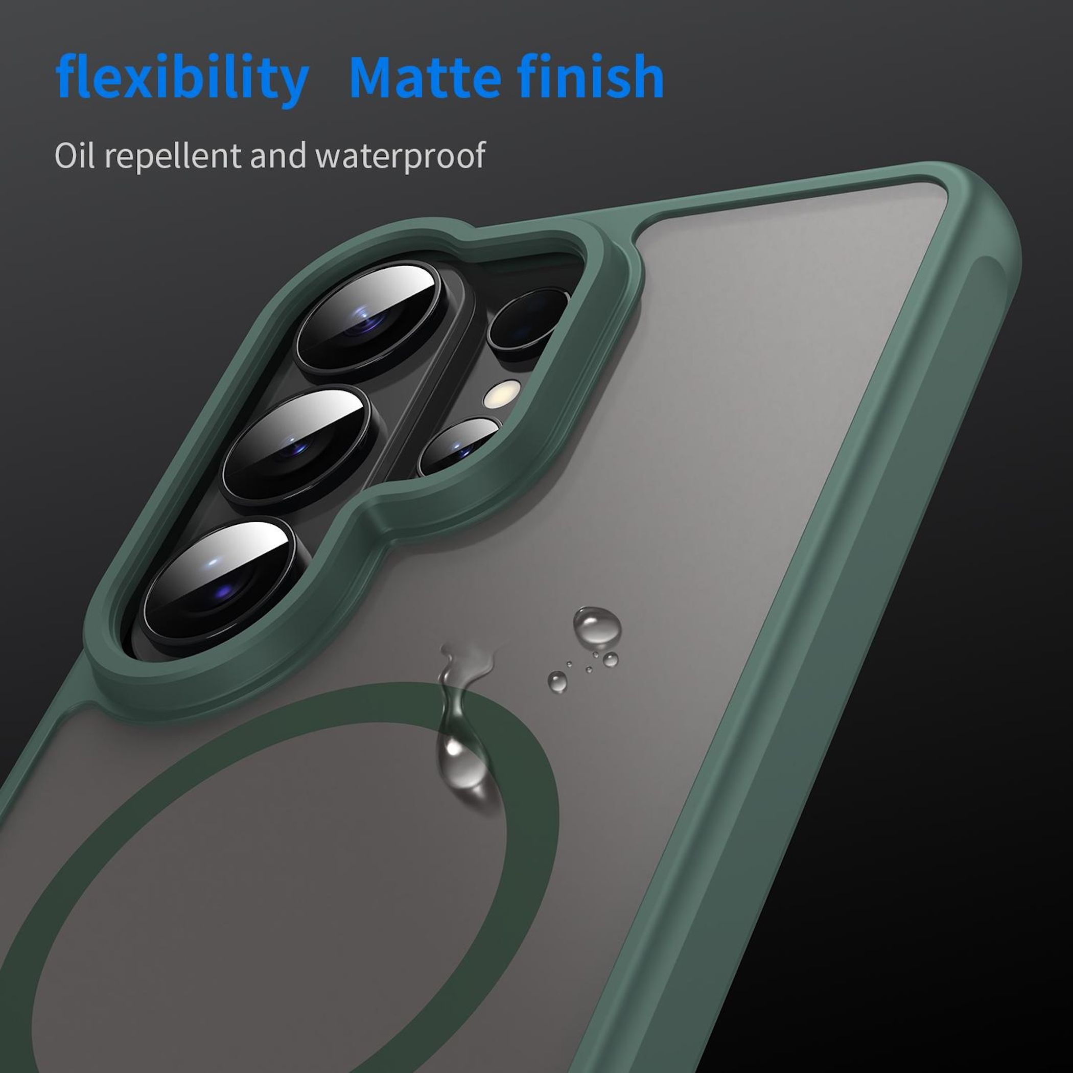 Funda verde para teléfono con acabado mate, muestra lentes de cámara y gotas de agua.
