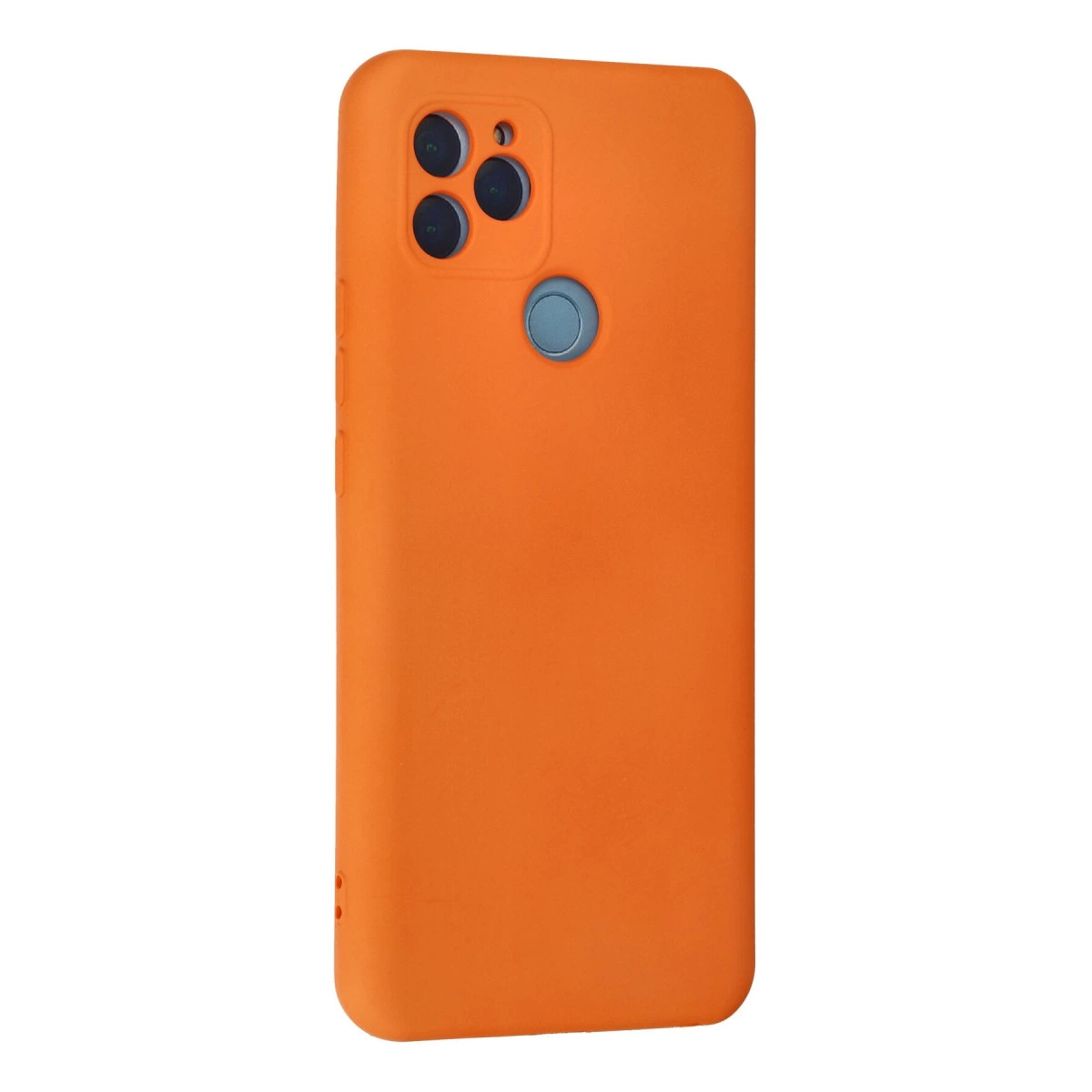 Kamera kesimli ve parmak izi sensörlü turuncu telefon kılıfı.