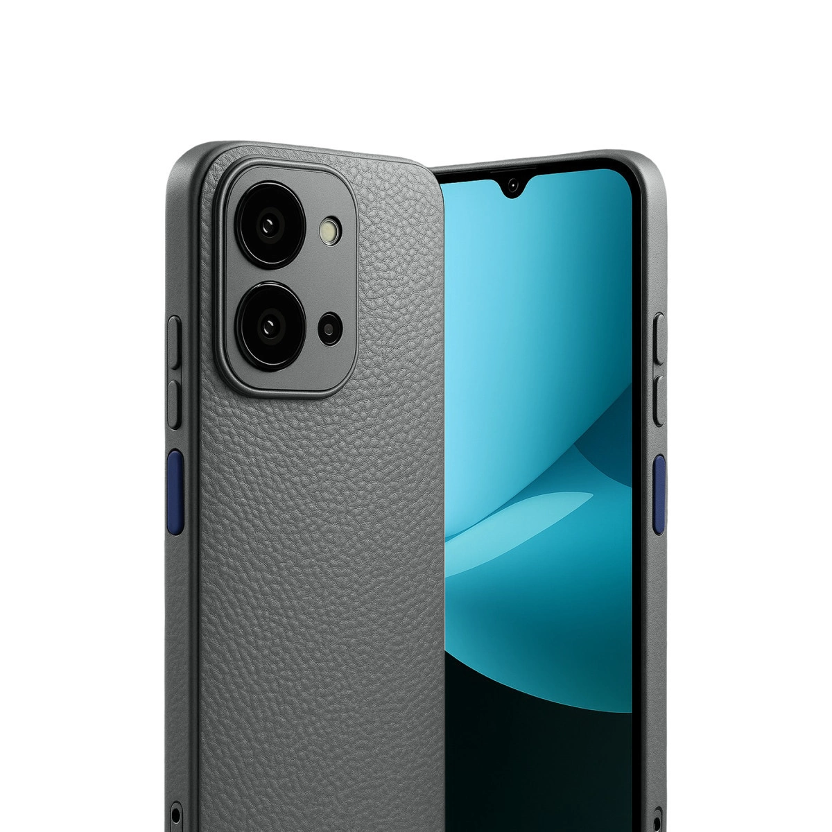 İki kameralı ve mavi aksanlı gri telefon kılıfı. Beyaz arka plan.