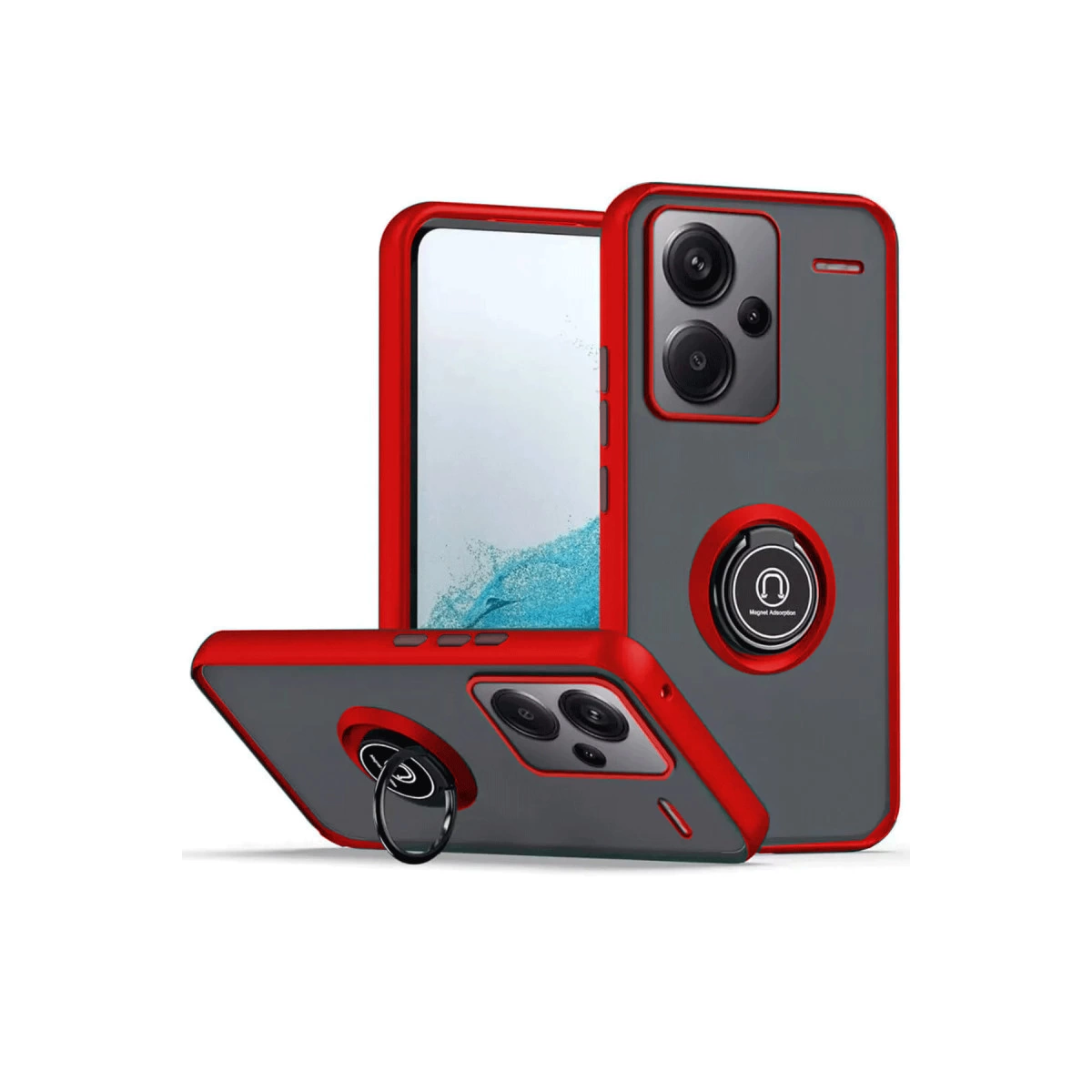 Kırmızı ve gri telefon kılıfı, halka tutucu ve kamera kesimi.