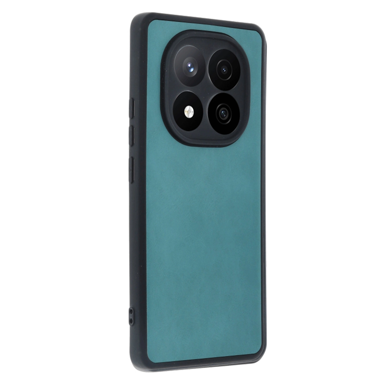 Üstte üç kamerası olan, siyah çerçeveli, teal rengi telefon kılıfı.