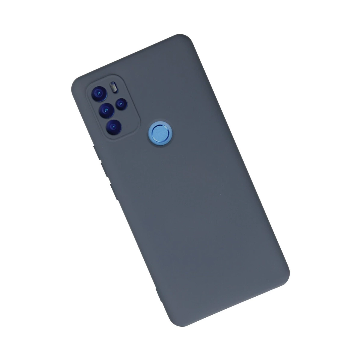 Kamera ve parmak izi sensörlü koyu gri telefon kılıfı. Beyaz arka plan.