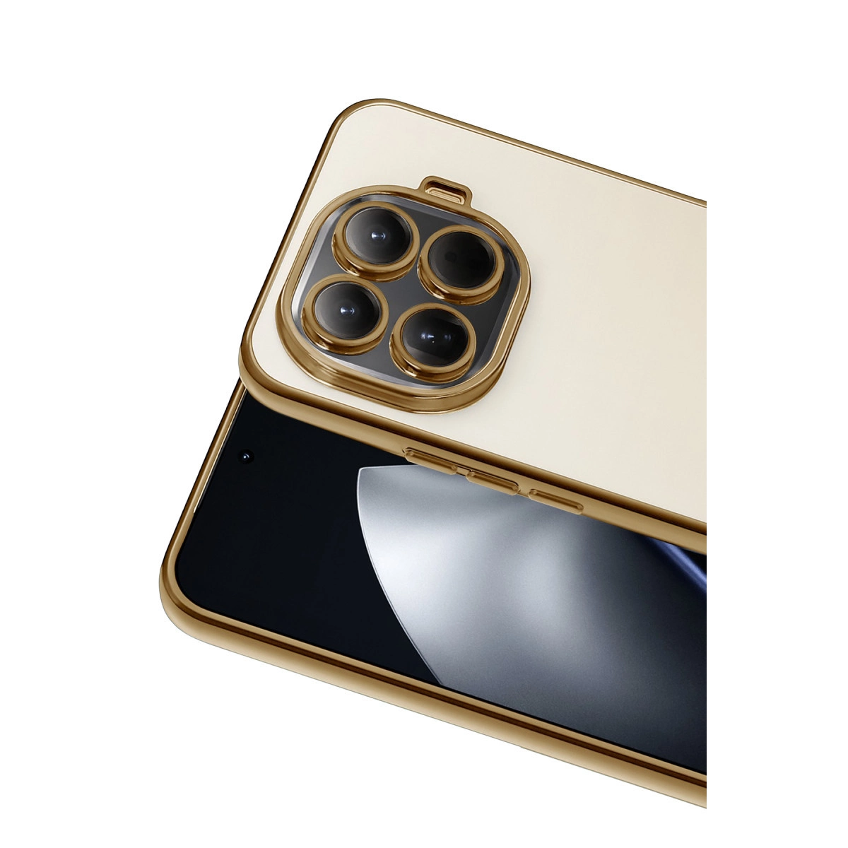 Altın rengi telefon çerçevesi, dört kamera lensli krem rengi bir telefonu çevreliyor.