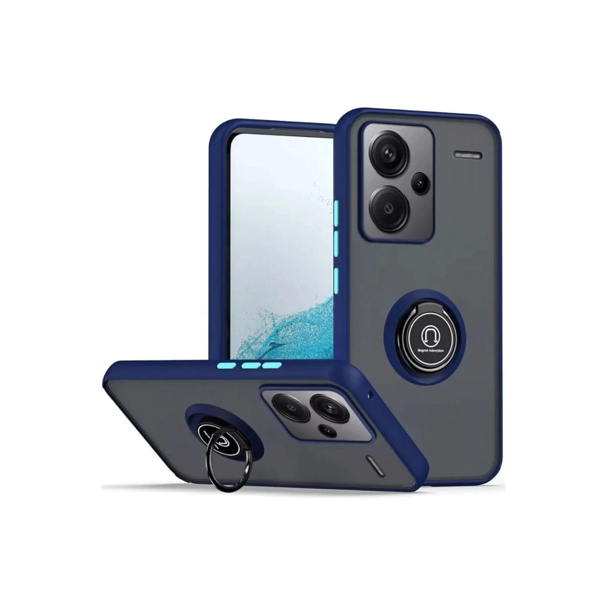 Beyaz arka plan üzerinde halka tutuculu ve kamera kesimli iki mavi telefon kılıfı.