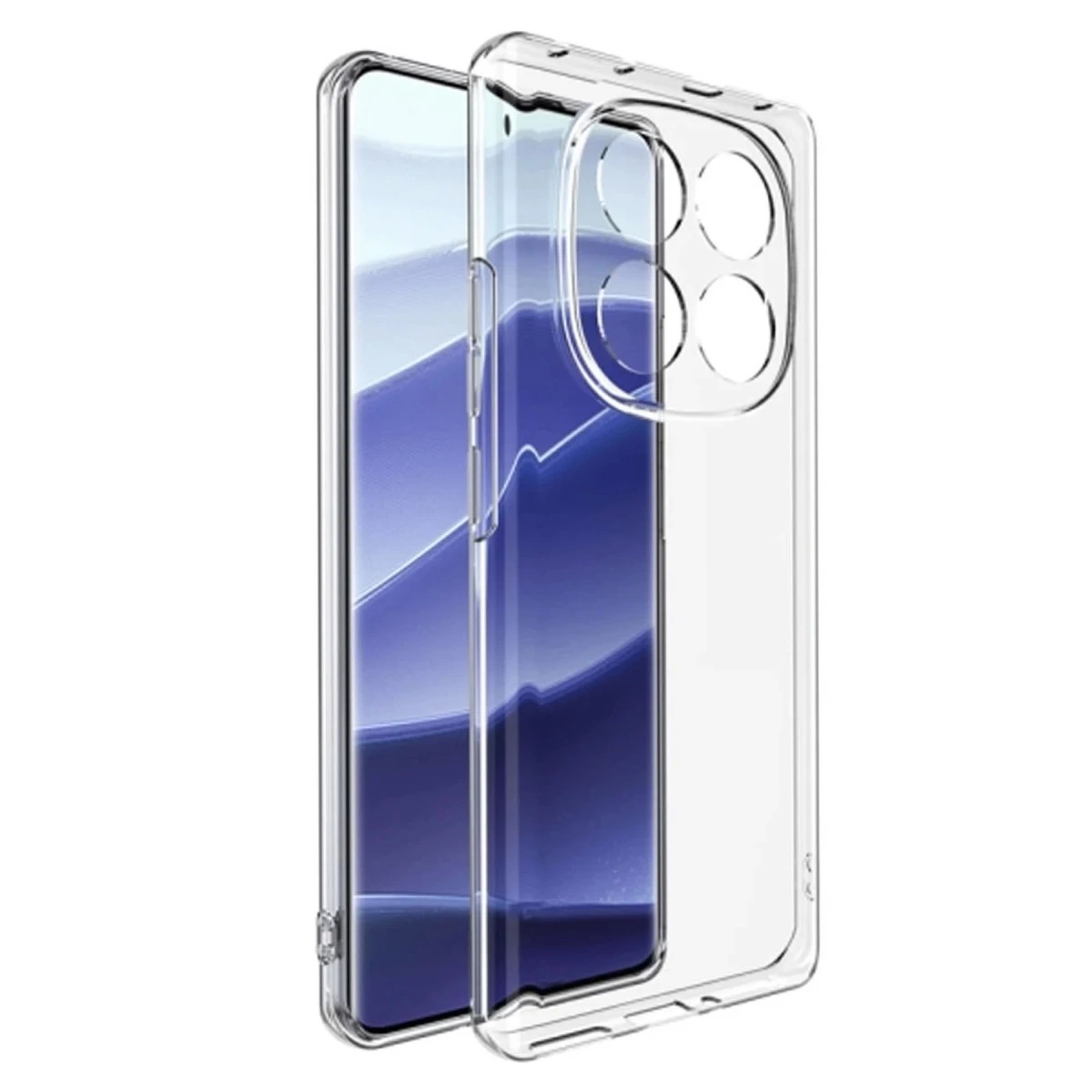 Dört kamera lensi girintili şeffaf telefon kılıfı bir telefonun üzerinde duruyor.