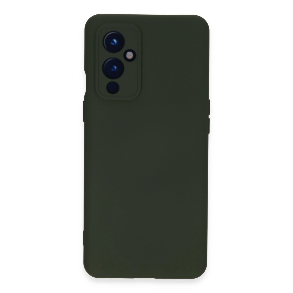 Arkada üçlü kamera kurulumuna sahip koyu yeşil telefon kılıfı.