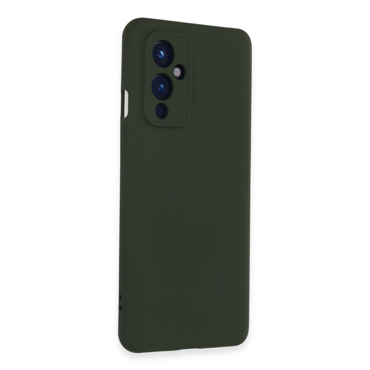 Sol üstte üç kamera lensli koyu yeşil telefon kılıfı.