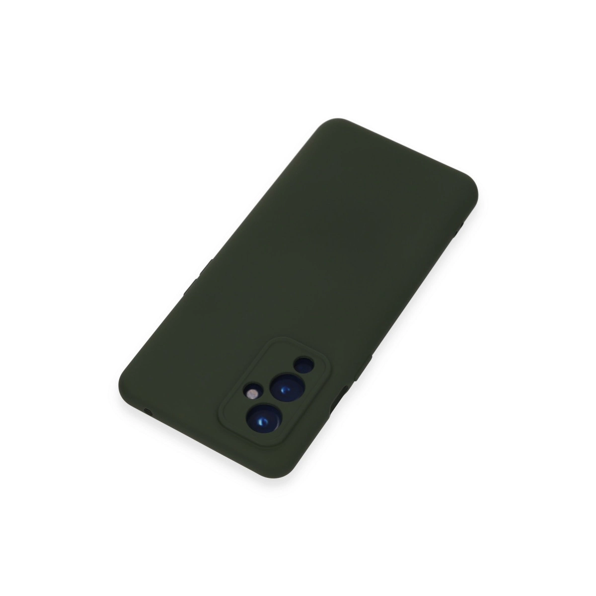 Beyaz arka plan üzerinde kamera kesimli koyu yeşil telefon kılıfı.