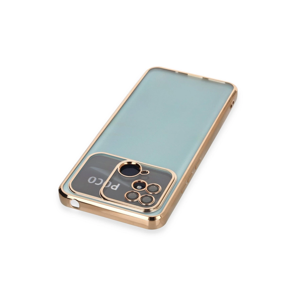 Altın kenarlı ve kamera modüllü açık mavi telefon kılıfı.