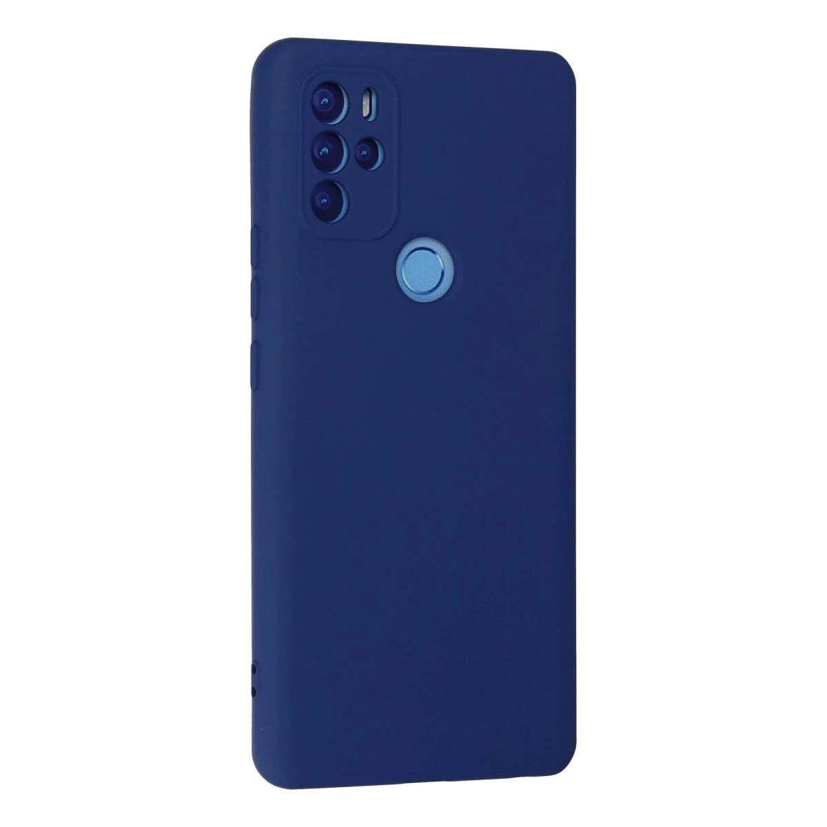 Kamera dizilimi ve parmak izi sensörlü lacivert telefon kılıfı.