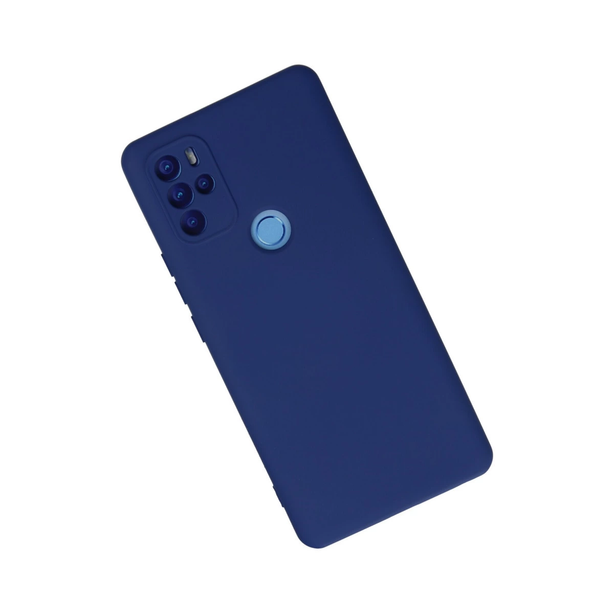 Kamera dizisi ve parmak izi sensörlü lacivert telefon kılıfı.