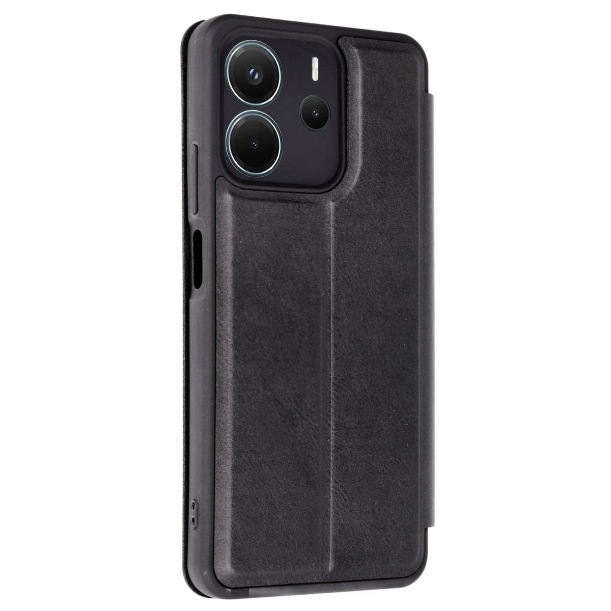 Çift kamera kesimli siyah akıllı telefon kılıfı. Katlanabilir kapak tasarımı.