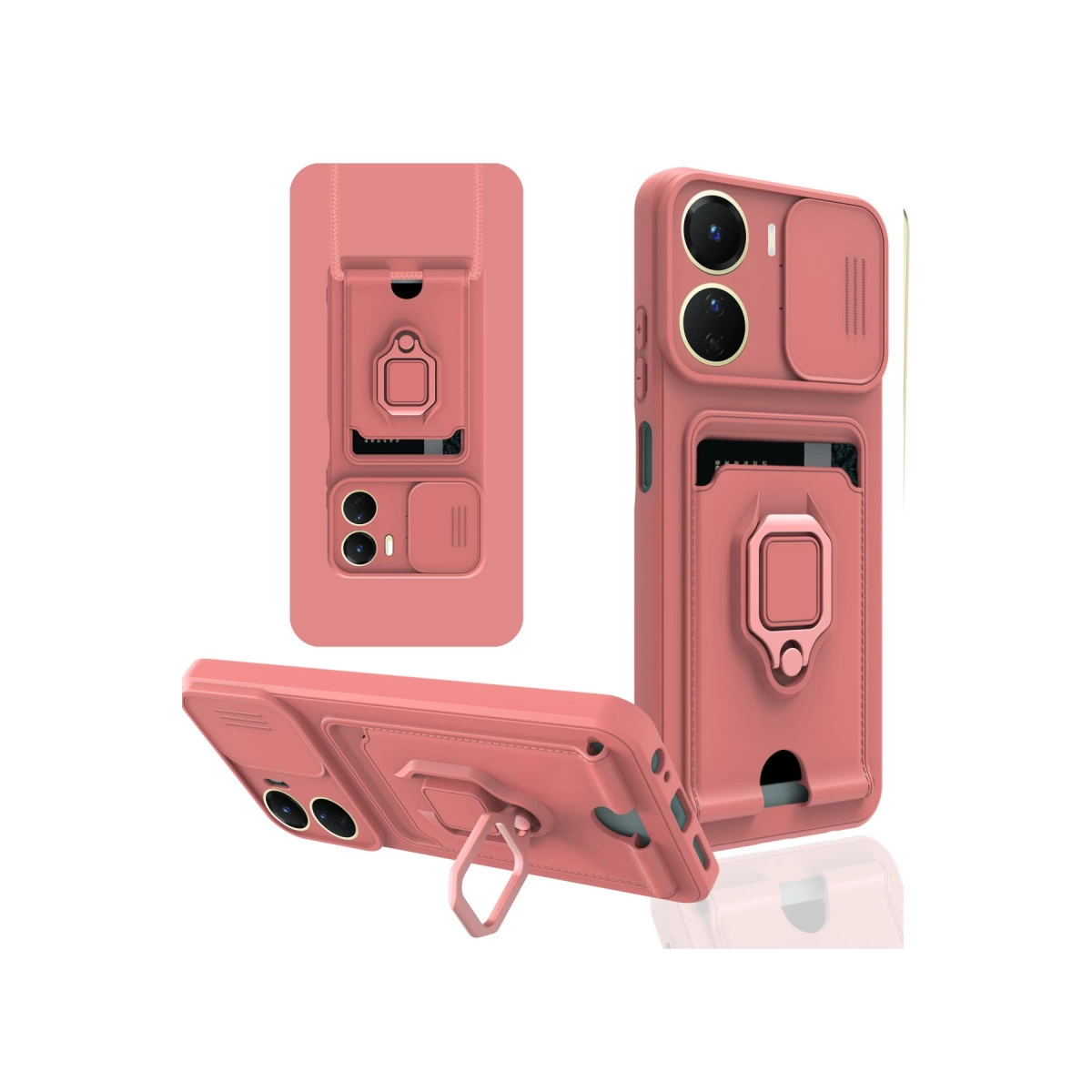 Kart yuvalı, halka tutuculu ve kamera kapaklı pembe telefon kılıfı.