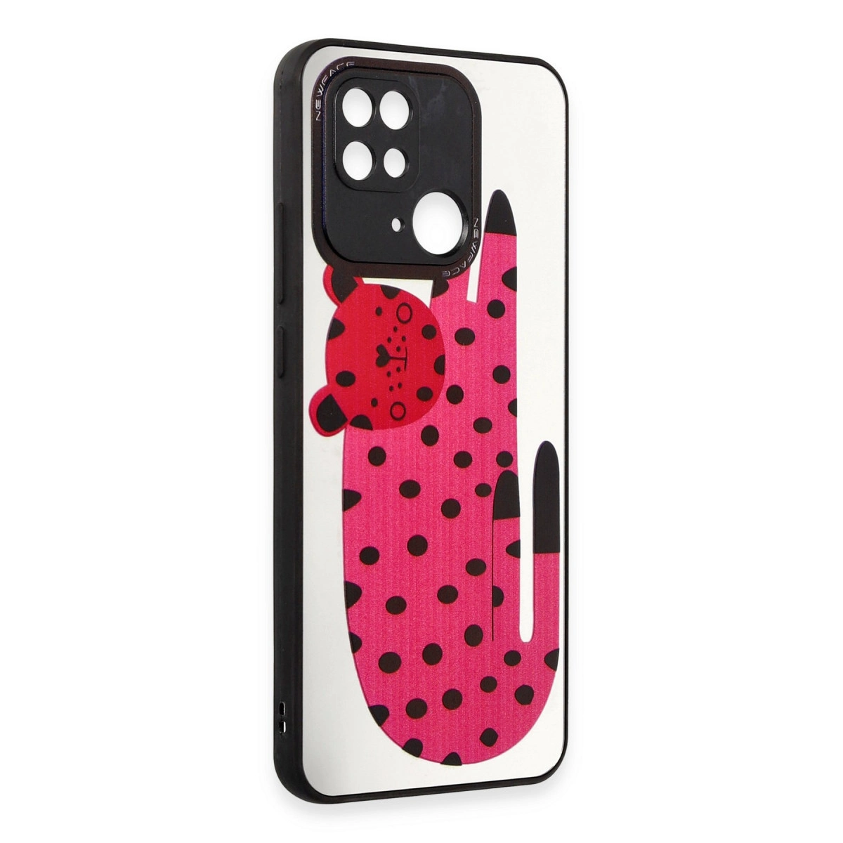 Siyah puantiyeli ve kırmızı leopar desenli pembe telefon kılıfı.