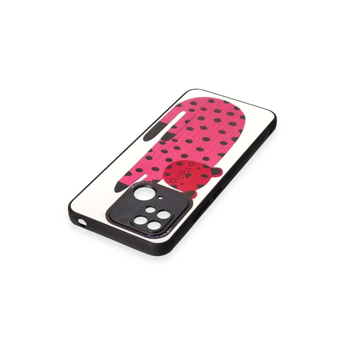 Siyah puantiyeli pembe telefon kılıfı, üzerinde kırmızı leopar deseni bulunur. Kamera kesiği görünür.