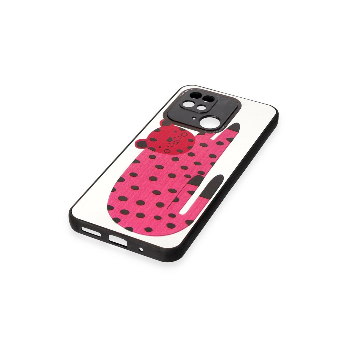 Siyah puantiyeli ve kırmızı leopar desenli pembe telefon kılıfı.