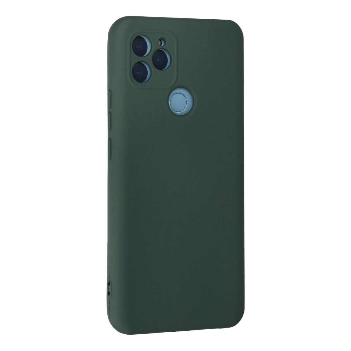 Arkada üç kamera ve mavi daire bulunan koyu yeşil telefon kılıfı.