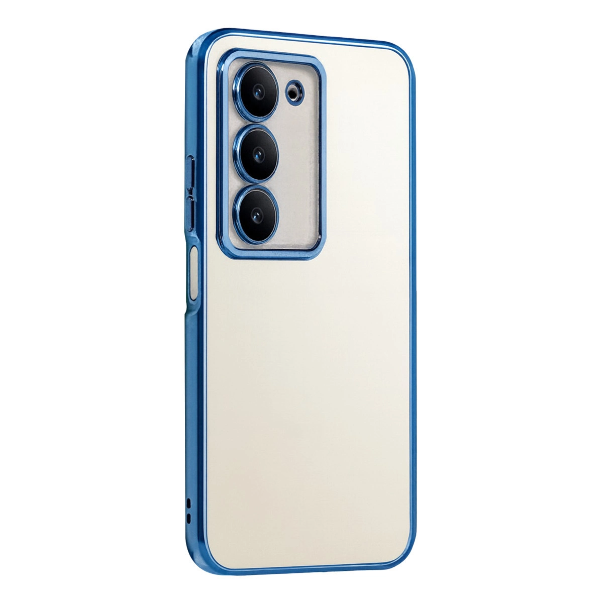 Mavi çerçeveli, üç kamera lensli krem rengi telefon kılıfı.