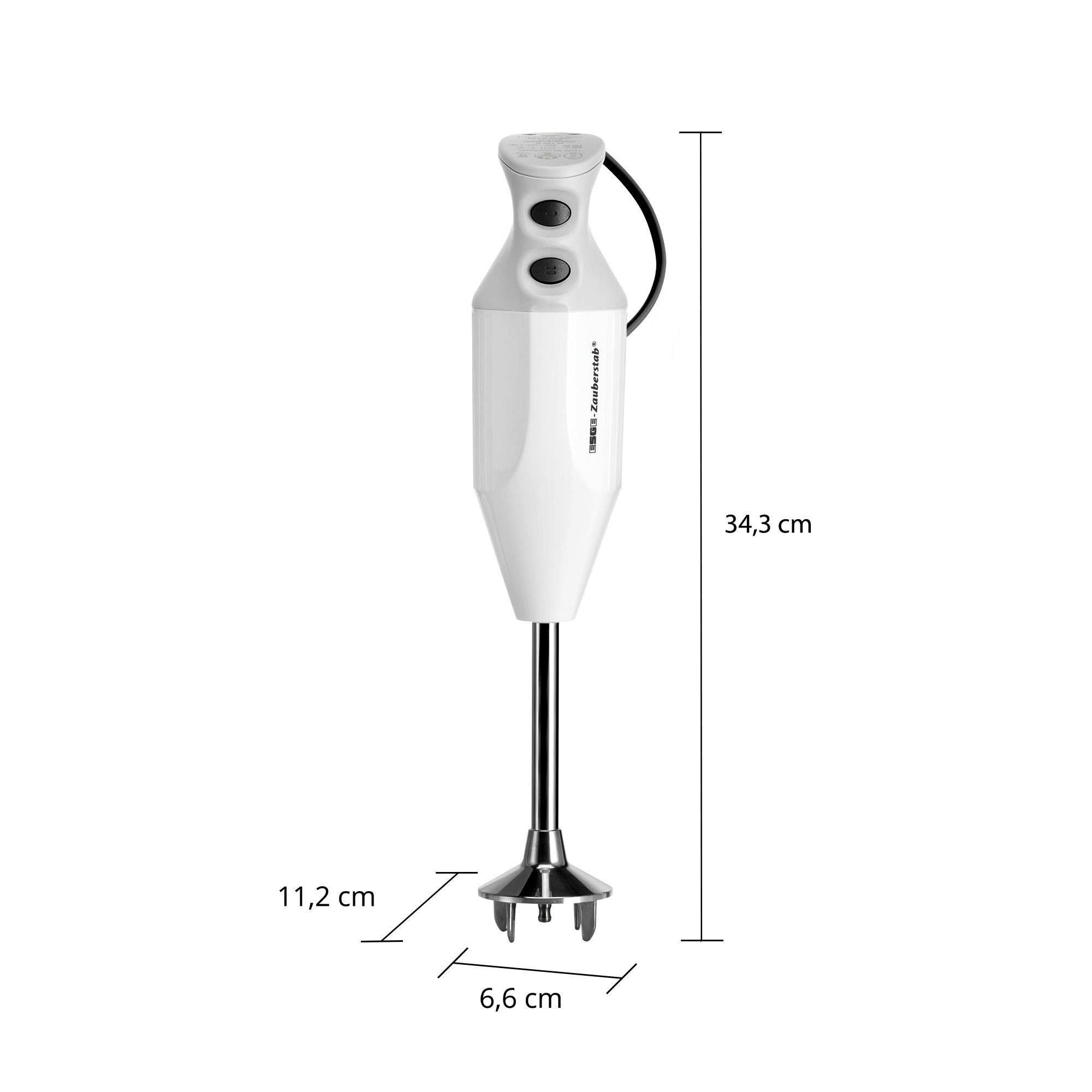 Weißer Stabmixer mit silbernem Metallfuß, Maße 34,3x11,2x6,6 cm.