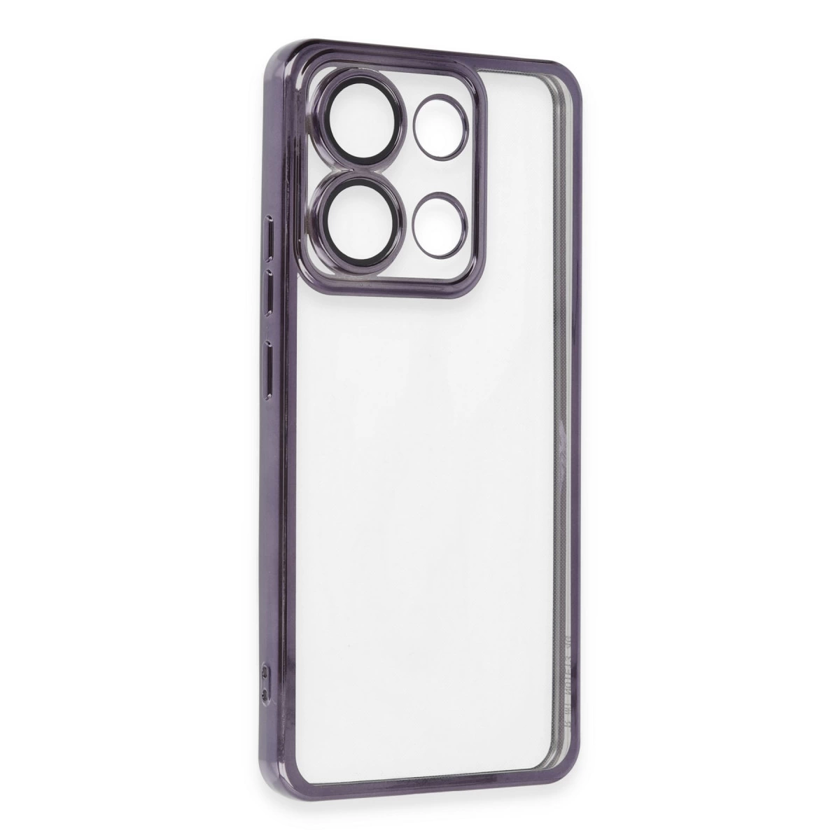 Dört kamera kesimli mor telefon kılıfı, beyaz arka plan üzerinde.