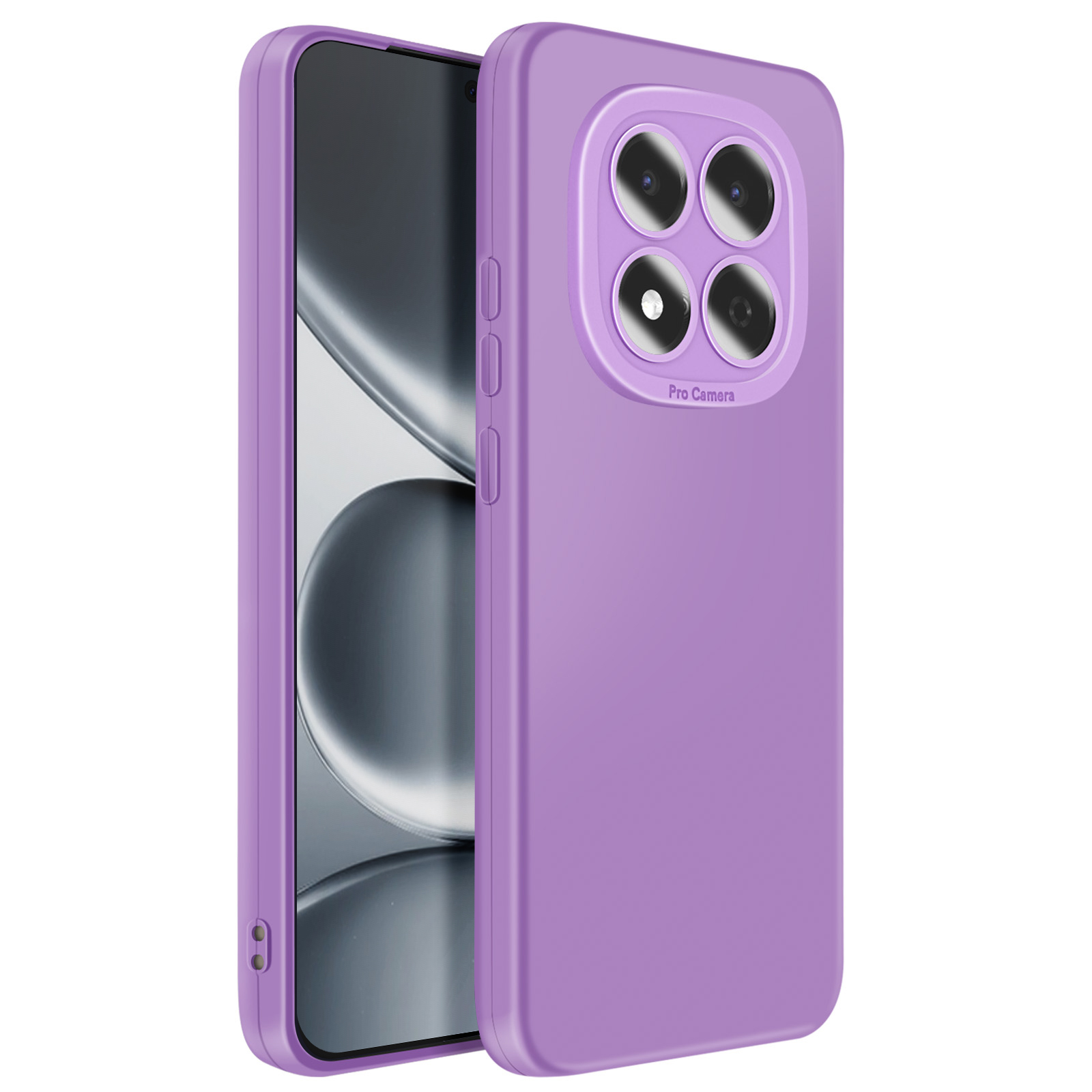 Une coque de téléphone violette avec un module Pro Camera à quatre objectifs.