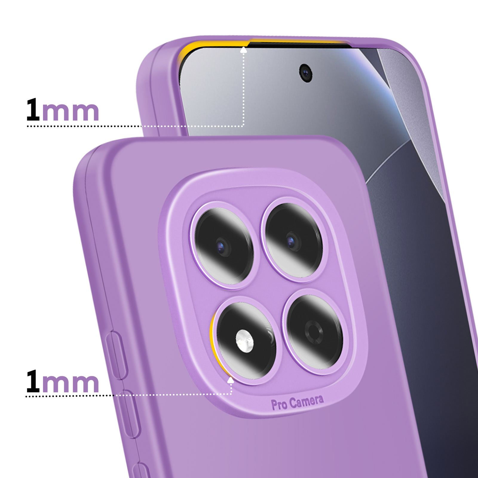 Coque de téléphone violette avec bords surélevés de 1 mm pour appareil photo et écran.