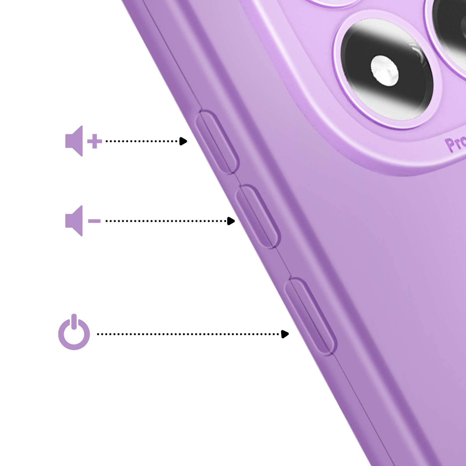 Coque de téléphone violette avec boutons volume et marche/arrêt.