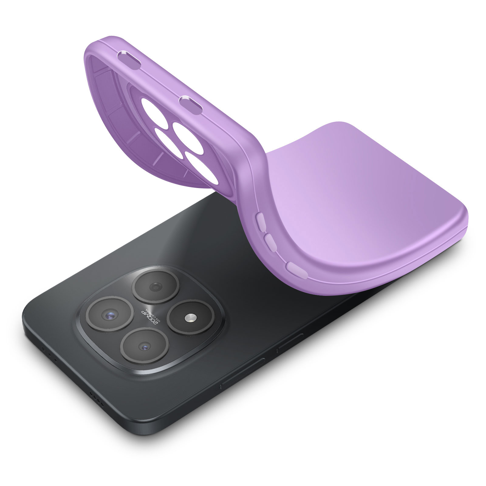 Une coque de téléphone violette sur un smartphone noir à quatre caméras.